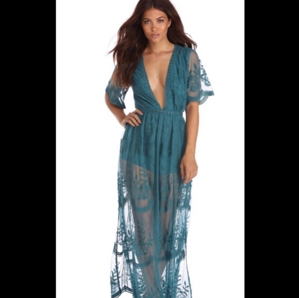 Honey Punch Teal Lace Plunge Maxi Jumpsuit Romper